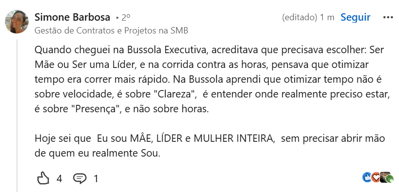 Depoimento de Simone Barbosa publicado no LinkedIn