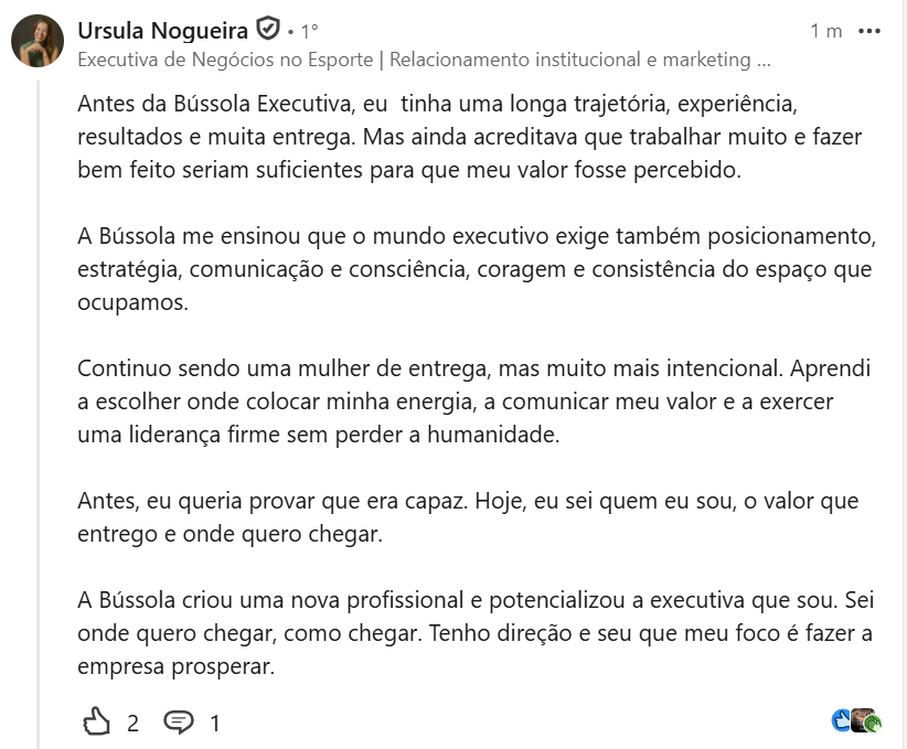 Depoimento de Ursula Nogueira publicado no LinkedIn