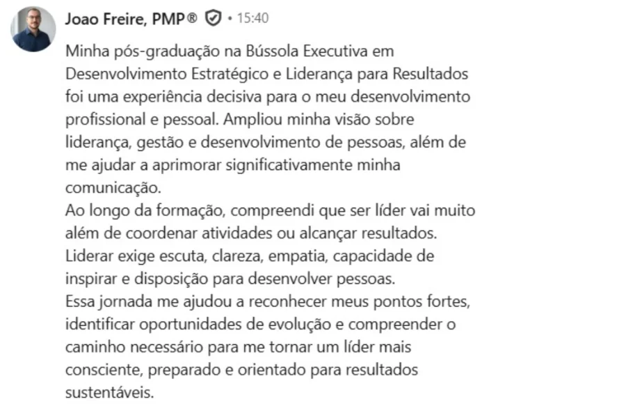 Depoimento de aluno formado na Pós-Graduação Bússola Executiva