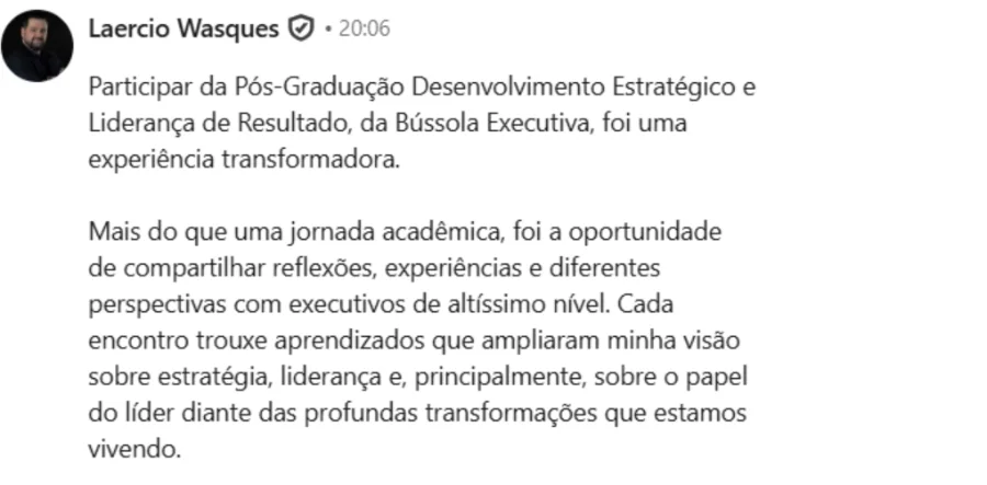 Depoimento de aluno formado na Pós-Graduação Bússola Executiva